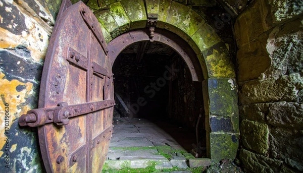 Obraz Rusty Old Doorway Leading to Dimly Lit Abandoned Stone Tunnel
