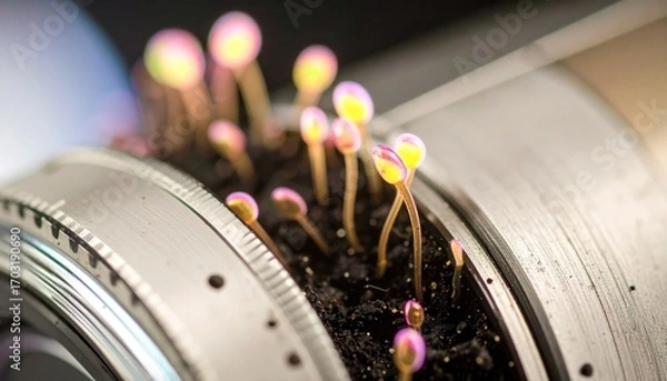 Obraz Tiny Colorful Sprouts Growing on Camera Lens in Creative Setting
