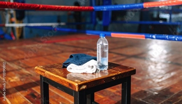 Obraz Water Bottle and Towel on Stool in Boxing Ring Setting