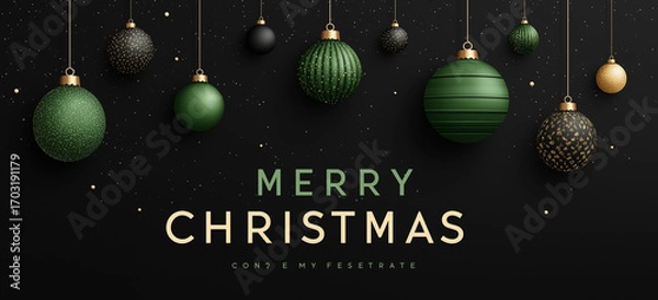 Fototapeta Merry christmas message with hanging ornaments on a dark background