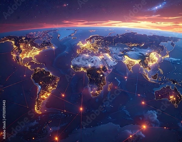 Fototapeta Global Network Connections at Night