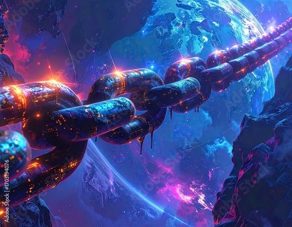 Fototapeta Glowing Chain Links in Cosmic Space with Planet