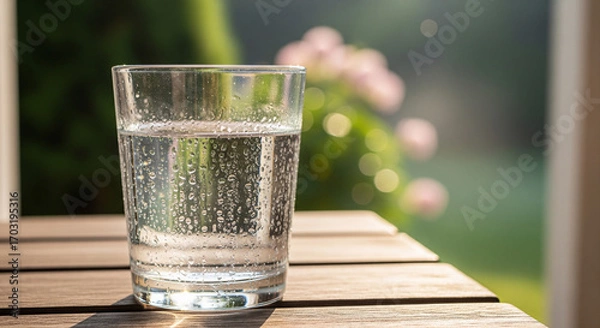 Obraz Refreshing Glass of Water with Condensation on an Outdoor Table in the Morning
