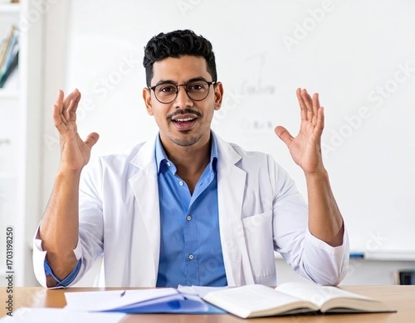 Fototapeta Male Professor in White Coat Teaching Online Class