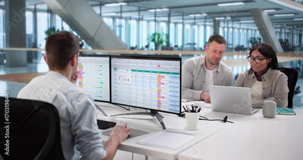 Fototapeta Team Using Spreadsheet Software For Billing Report Analysis