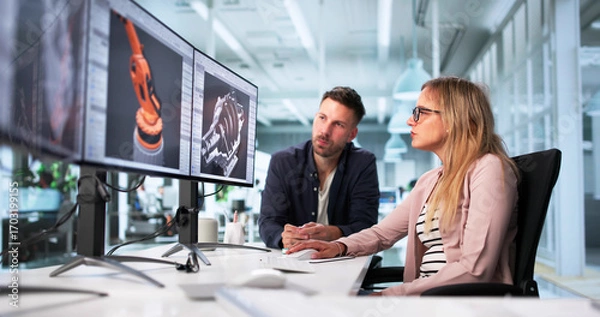 Fototapeta Mastering 3D CAD Modeling Software, A Mechanical Engineer Designs Machines