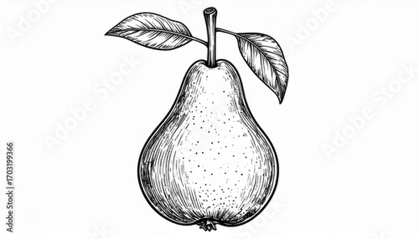 Obraz Detailed Sketch of a Pear with Leaves in Black and White Still Life Drawing