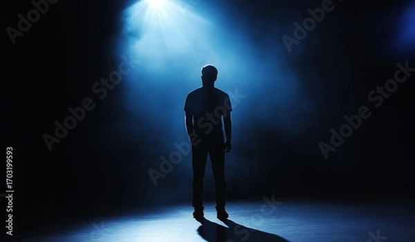 Fototapeta Man stands on stage under spotlight facing empty dark room with no people around him illuminated by blue light from above casting long shadows down onto ground below him
