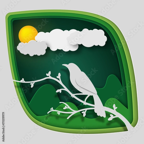 Fototapeta Paper art carve to bird on tree branch in forest at night, origami concept nature and animals idea, vector art and illustration.