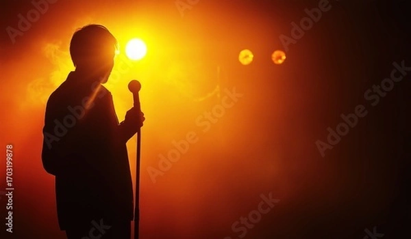 Fototapeta Silhouette of man holding microphone on stage with orange and yellow lighting and fog in background representing concept of stand up comedy performance