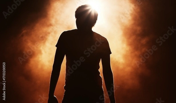 Fototapeta Silhouette of athletic man standing in front of spotlight with back wearing t-shirt and jeans, background orange smoke fog creating dramatic lighting effect posture confidence