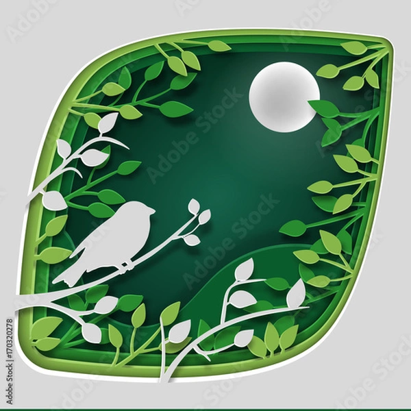 Fototapeta Paper art carve to bird on tree branch in forest at night, origami concept nature and animals idea, vector art and illustration.