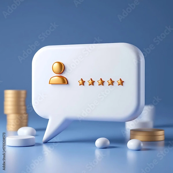 Fototapeta Five-Star Customer Review:  Modern 3D Rendered Speech Bubble with Gold Icons on Blue Background.