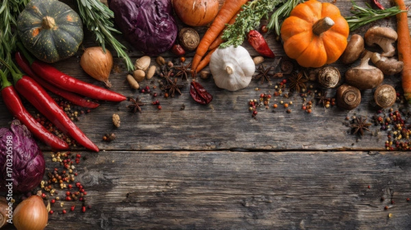 Obraz Fresh organic vegetables on rustic wooden table farm harvest with pumpkin chili and herbs healthy food background for cooking blogs and ads