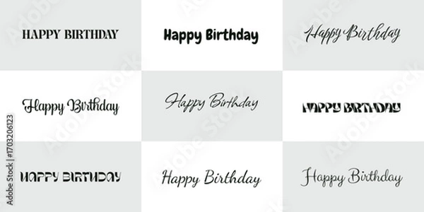 Fototapeta Happy birthday handwritten text lettering calligraphy design set isolated on white background, decorative typography style for celebration poster, card, party, wishes and invitation illustration