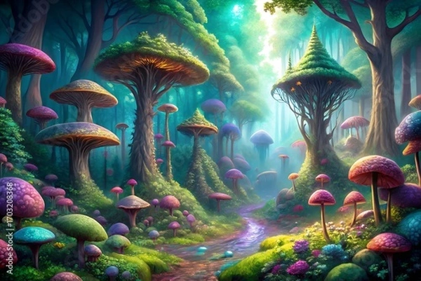 Fototapeta Enchanted Fantasy Forest: Colorful Giant Mushrooms, Dreamlike Stream, Magical Atmosphere