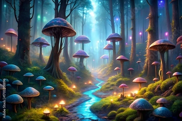 Fototapeta Enchanted Forest Path: Glowing Mushrooms, Mystical Stream, Fantasy Landscape