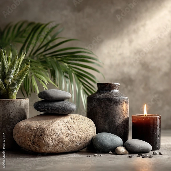Fototapeta Serenity Zen Garden Still Life: This still life captures the essence of tranquility, with a balanced composition featuring smooth stones, a lit candle, a potted succulent, and palm leaves.