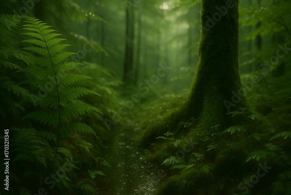 Fototapeta Moody Forest Stream: Lush Ferns, Mossy Tree, Dew-Kissed Greens, Tranquil Nature Scene.