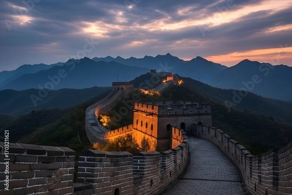 Obraz Serene Sunset: Illuminated Great Wall of China Winding Through Majestic Mountains