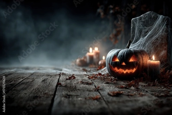 Fototapeta Glowing Jack-o'-lantern and Candles for Halloween