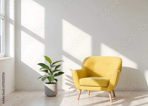 Fototapeta A yellow armchair and a potted plant sit in front of a white wall with shadows from a window. The room has light wooden flooring and is bathed in sunlight.