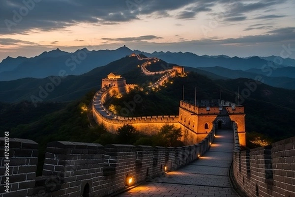 Fototapeta Serene Twilight View: Illuminated Great Wall of China Winding Through Majestic Mountains