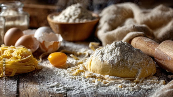 Obraz Homemade pasta with flour eggs rolling pin and kitchen tools rustic food preparation Italian cooking background for recipe blogs and ads