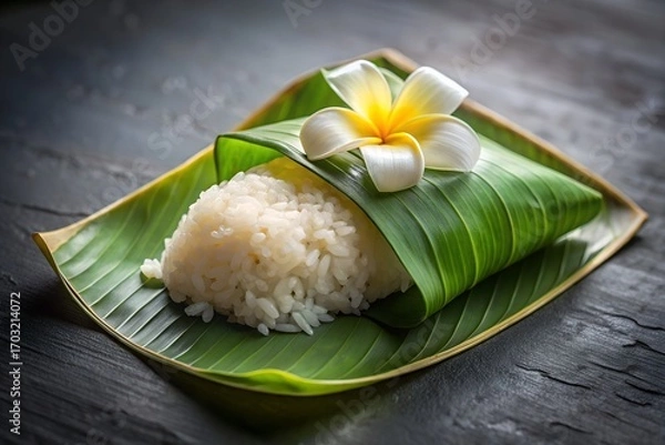 Fototapeta White Steamed Rice on Banana Leaf with Tropical Flower