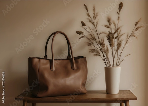 Fototapeta A brown leather tote bag sits on a wooden surface next to a vase of dried plants. The background is a neutral beige wall.