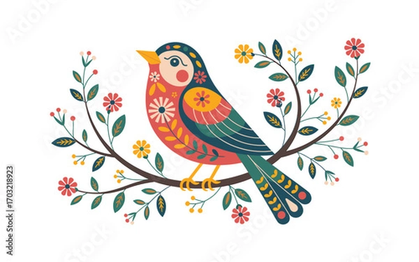 Fototapeta Decorative Bird Illustration: Colorful Folk Art Bird Perched on Blooming Branch with Flowers, Leaves, and Berries in Bright Palette