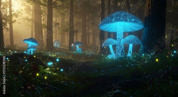 Fototapeta Ethereal Bioluminescent Mushrooms Illuminating a Mystical Dark Forest Path, Creating an Enchanting Glow Amidst Ancient Trees and Magical Fog