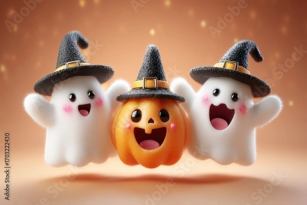 Fototapeta Cute Halloween Ghosts and Pumpkin with Witch Hats