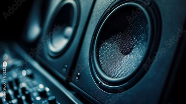Fototapeta Close up on a sleek, black speaker system, emphasizing its knobs and dual speaker design. 