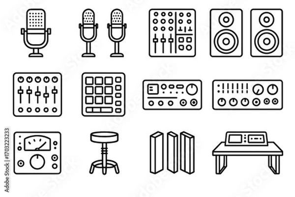 Fototapeta Microphone monitor stereo icons vector icon room control table studio music bass