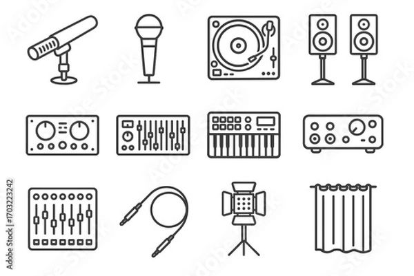 Fototapeta Dj vector music studio led keyboard control cables icon audio light gear