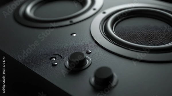 Fototapeta Close up on a sleek, black speaker system, emphasizing its knobs and dual speaker design. 