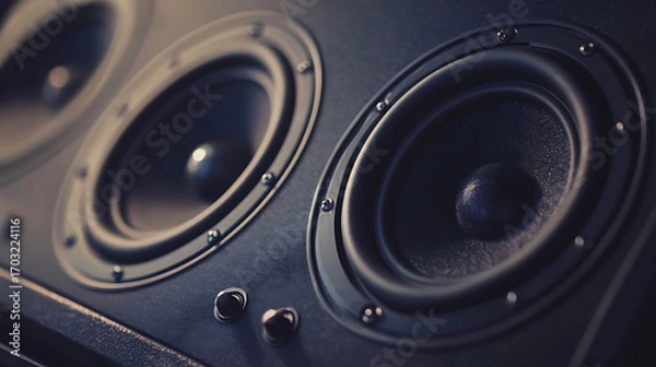 Fototapeta Close up on a sleek, black speaker system, emphasizing its knobs and dual speaker design. 