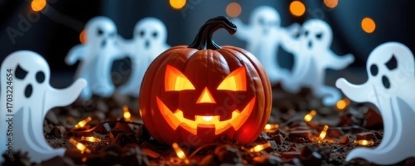 Fototapeta A carved jack-o-lantern surrounded by dim light from a cute little ghost.