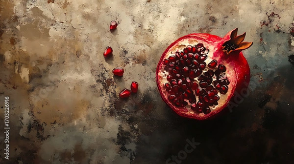 Fototapeta f a pomegranate slice, showcasing its vibrant red seeds.