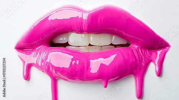 Fototapeta A striking, high-gloss image depicts a pair of lips coated in vibrant pink. 