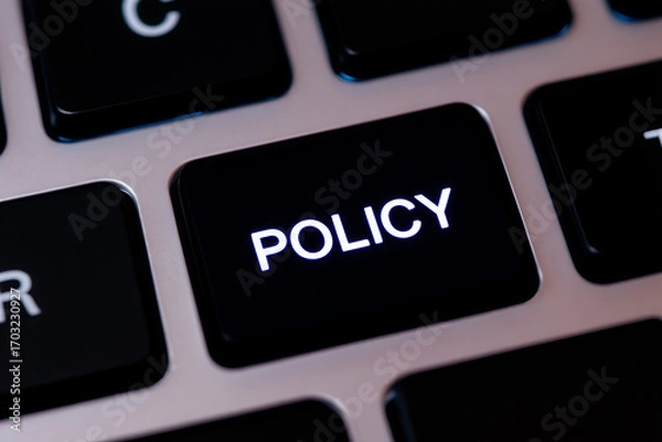 Fototapeta Policy Button on Keyboard: Close-Up of Black Key with White Text, Business Strategy, Rules and Regulations, Corporate Governance Concept