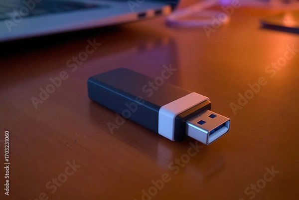 Fototapeta Black USB Flash Drive on Wooden Desk: Data Storage, Portable Memory, Technology, Close-Up Image