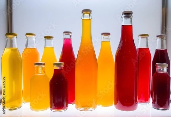 Fototapeta Vibrant Collection of Glass Bottles Filled with Colorful Liquids