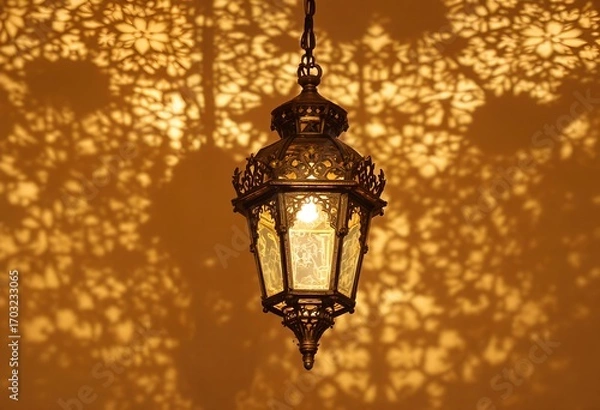Fototapeta Ornate Metal Lantern Casting Intricate Tree Shadows