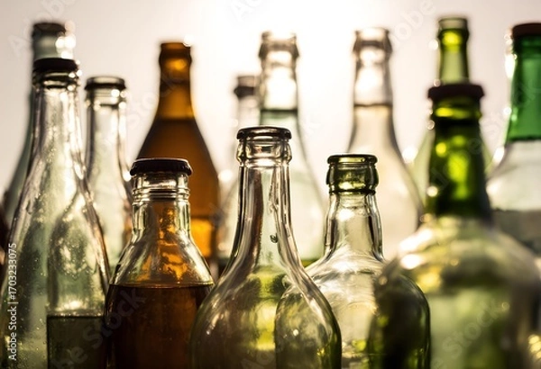 Fototapeta Collection of Empty Glass Bottles in Warm Backlight