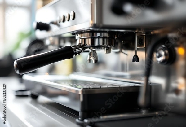 Fototapeta Close-up of a gleaming stainless steel espresso machine, ready for brewing.