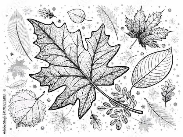 Obraz Intricate Autumn Leaves Line Art Vector Background. Elegant Black Ink Botanical Drawing with Cross-Hatching on White. Seasonal Seamless Pattern.