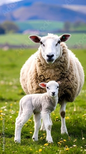 Fototapeta Sheep mother and lamb in grassy field