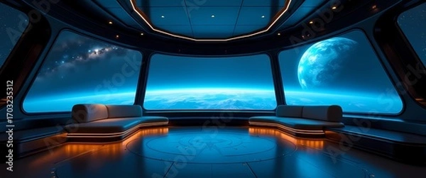 Fototapeta Luxury spaceship background 4k panoramic lounge interior with futuristic sofas and Earth view through observation windows
